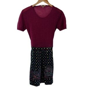 Ermanno Scervino Wool Floral Satin Colorblock Tie Back Mini Dress